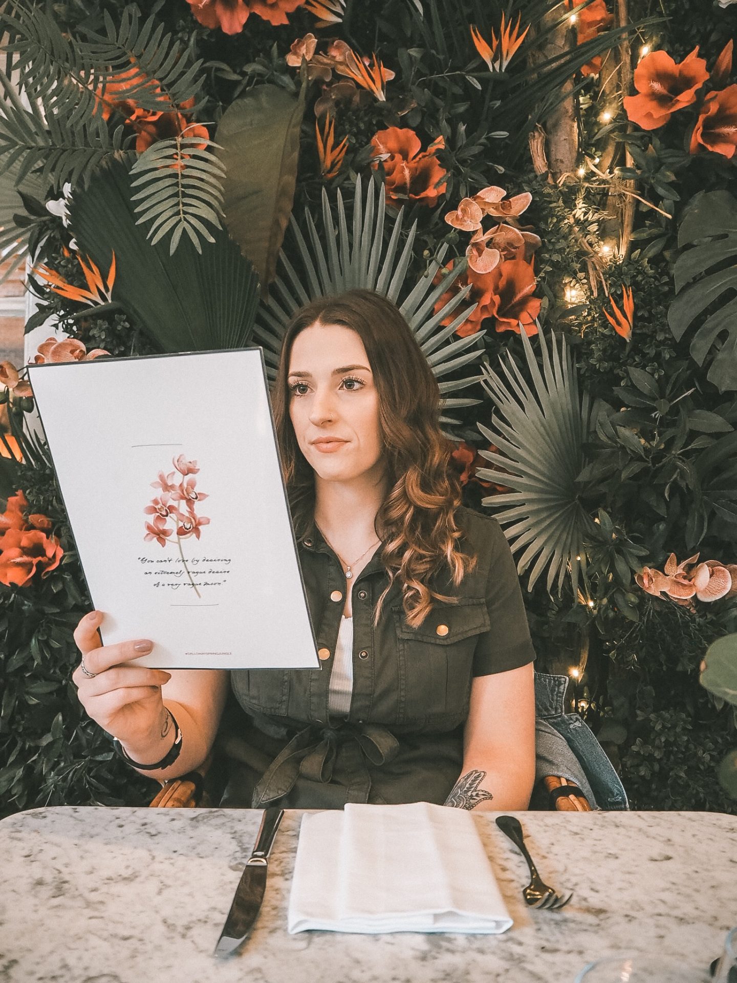 Brunch at Dalloway Terrace with a floral background